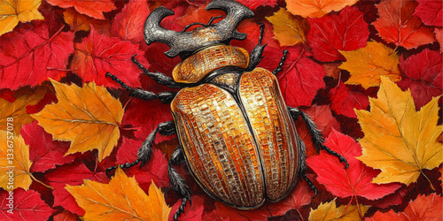 Stag Beetle on Vibrant Autumn Leaves Vector Art - Detailed Illustration of Golden Beetle and Colorful Fall Foliage for Nature and Insect Enthusiasts