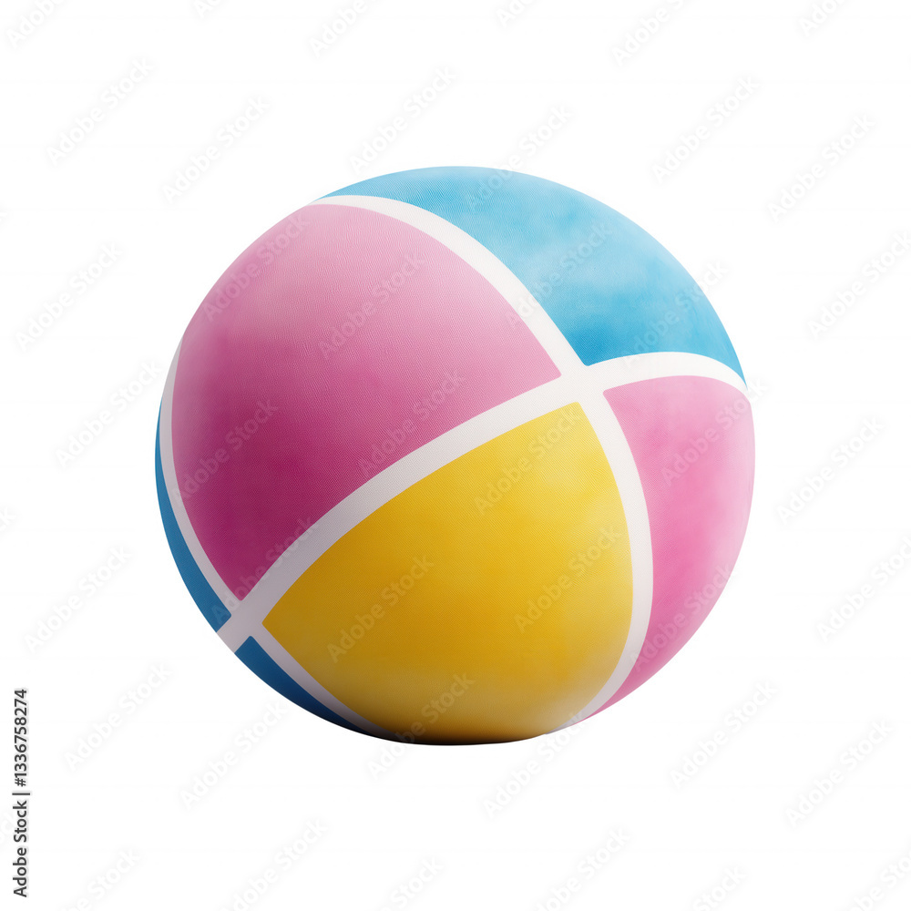 A colorful ball featuring pink, yellow, and blue segments, designed with white lines dividing the colors. isolated on transparent background A colorful ball featuring pink, yellow, and blue segments, designed with white lines dividing the colors. isolated on transparent background