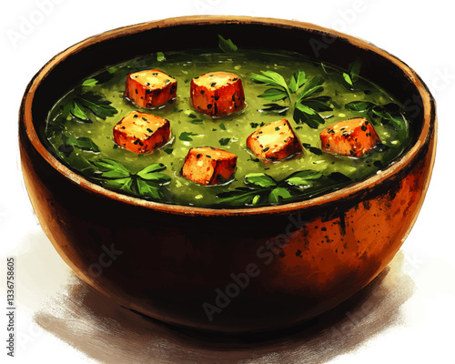 Delicious Herbaceous Soup in Rustic Brown Bowl with Crispy Croutons and Fresh Parsley - Perfect Vector Illustration for Gourmet Recipes and Culinary Art