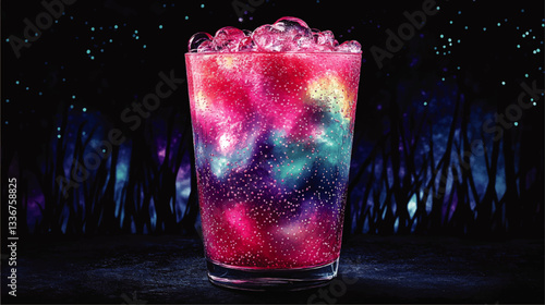 Vibrant Neon Galaxy Drink Vector Art with Cosmic Night Sky and Glowing Bubbles Background for Unique Beverage Design | Eye-Catching Universe-Inspired Illustration