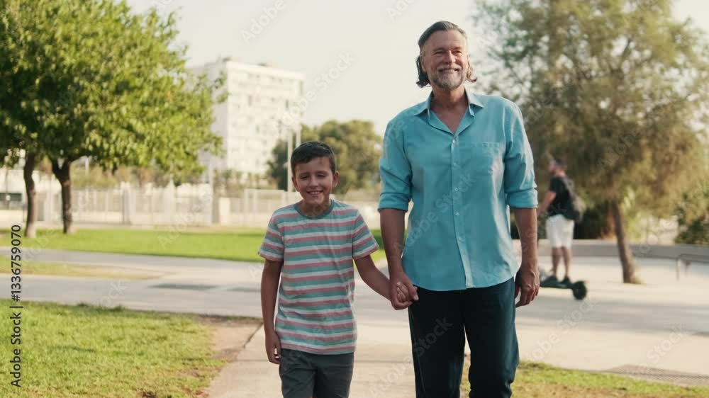 A grandfather and grandson enjoy a leisurely stroll in the park, holding hands. They smile and talk as they walk on a sunny day.