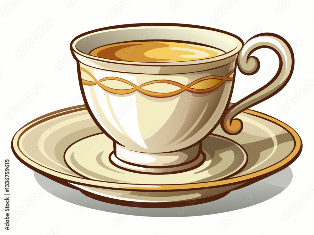 vector of classic white porcelain teacup with a curved handle and matching saucer. The smooth surface reflects light, giving it a delicate look vector of classic white porcelain teacup with a curved handle and matching saucer. The smooth surface reflects light, giving it a delicate look