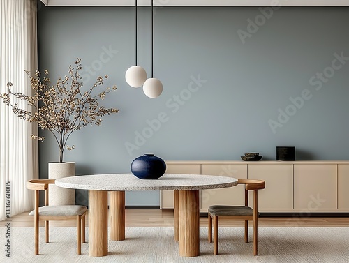 Elegant dining room design modern apartment interior decor minimalist environment wide angle view aesthetic concept