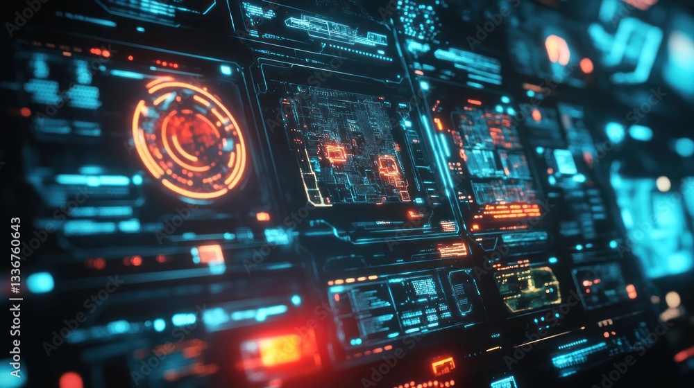 Obraz premium Futuristic Digital Interface: A Glowing Array of Neon Blue and Orange Data Streams