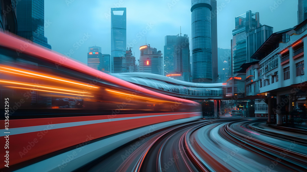 Obraz premium Urban Night Scene with High Speed Train and City Lights