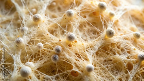 Fungal networks within sourdough bread dough starter, showing mycelium threads and tiny bubbles , microscopic world, microorganism