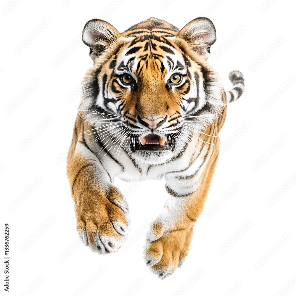 Fototapeta premium Dynamic tiger leaping with intensity for wildlife enthusiasts