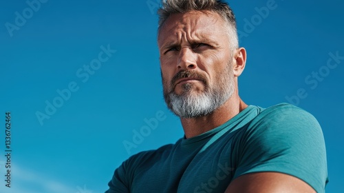 A pensive man with a well-groomed beard stands outdoors, gazing into the distance with a contemplative expression, immersed in thought against a stunning blue backdrop. photo