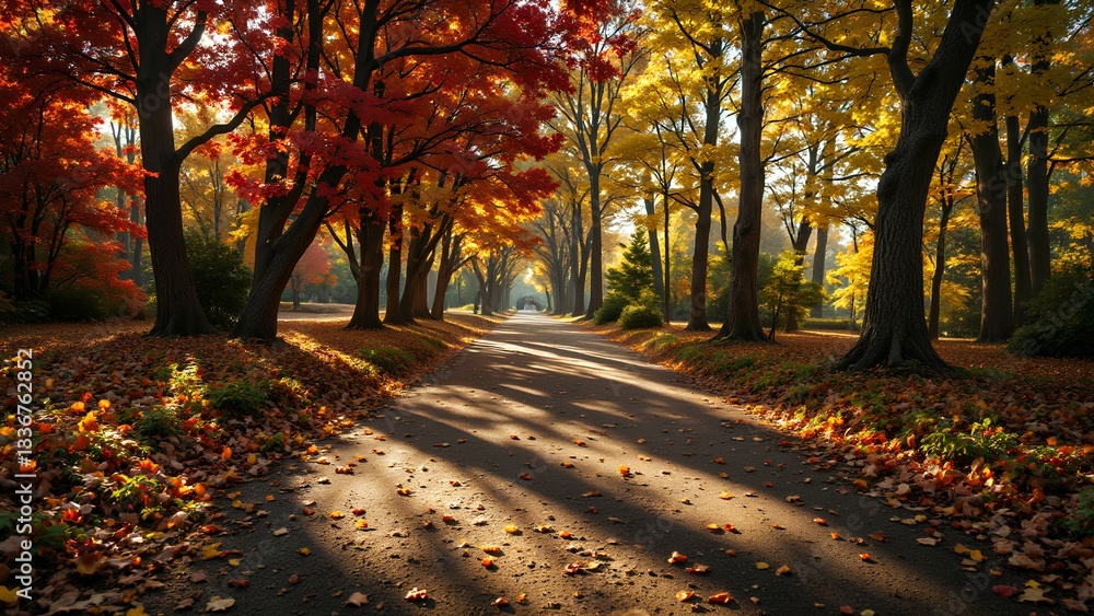 Naklejka premium A serene path through an autumn forest, with vibrant orange and yellow leaves, casting shadows along the ground under soft sunlight.