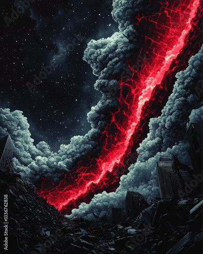 Apocalyptic Ruin Vector Art with Dramatic Red Lava and Towering Storm Clouds Over Cityscape and Night Sky Stars - Surreal Destruction and Chaos
