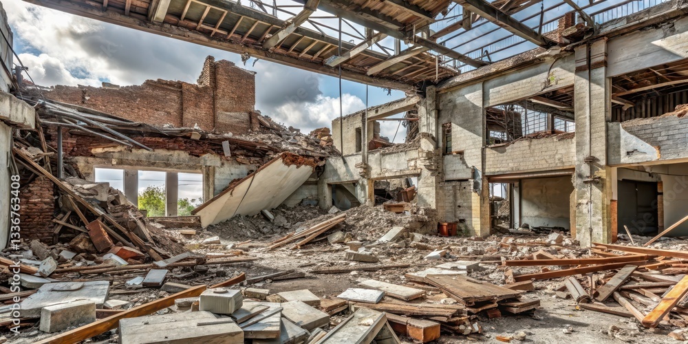 Severe structural damage to a building with collapsed walls and ceiling, debris scattered all over the ground , devastation, damaged structure Severe structural damage to a building with collapsed walls and ceiling, debris scattered all over the ground , devastation, damaged structure