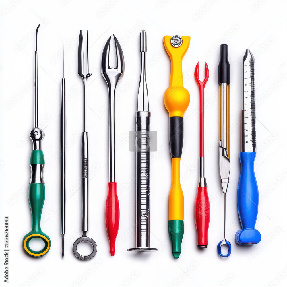 Collection of various surgical tools arranged neatly on a white background highlighting precision instruments used in laparoscopic procedures with copy space available for text Collection of various surgical tools arranged neatly on a white background highlighting precision instruments used in laparoscopic procedures with copy space available for text