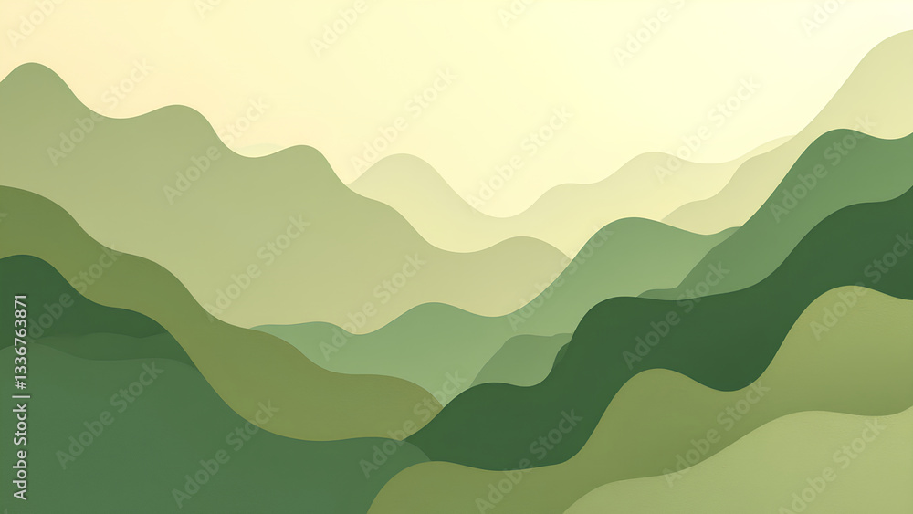 Obraz premium A serene abstract landscape featuring layered green hills against a soft, muted background, evoking tranquility and natural beauty.