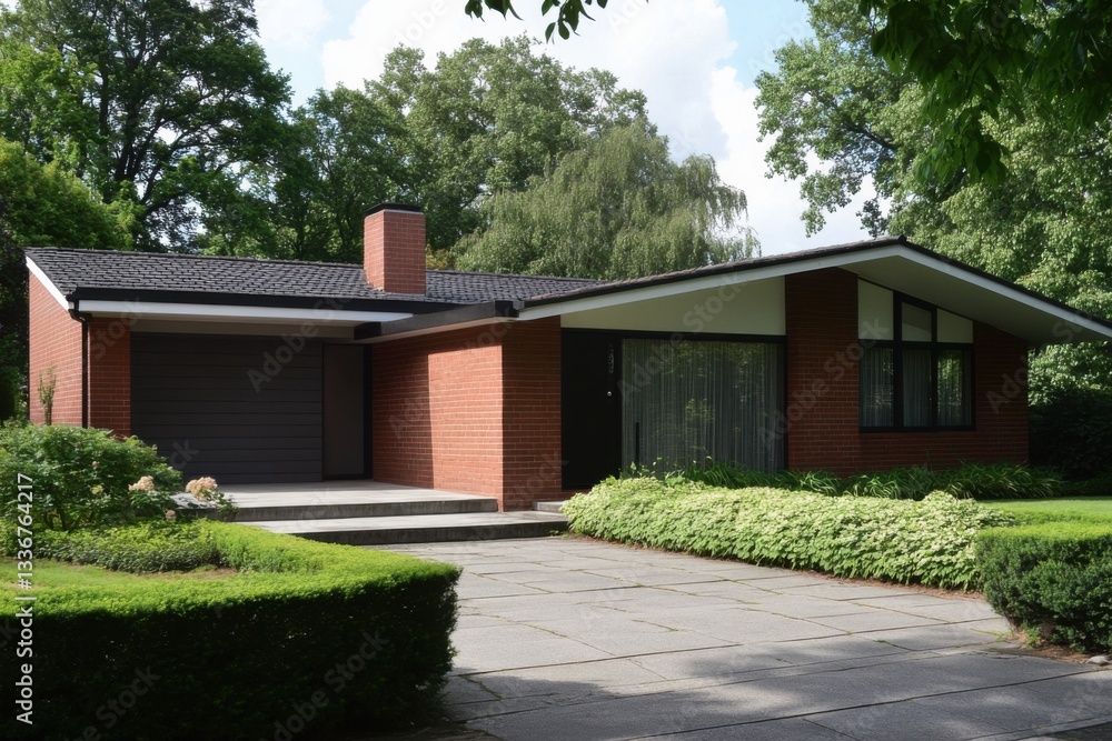 Fototapeta premium A modern brick house featuring expansive windows, beautifully nestled amidst vibrant, lush greenery, shines brightly under the warm sun