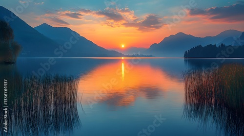 Wallpaper Mural Stunning sunset over tranquil lake surrounded by mountains with reflections and reeds framing a peaceful landscape Torontodigital.ca