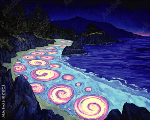 Magical Ocean and Glowing Swirls along Rocky Coastline and Forest Under Night Sky - Vibrant Vector Art Capturing Dreamlike Nature Scene with Bioluminescence