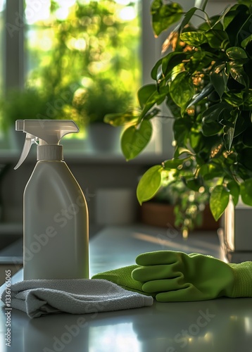 Cleaning Supplies Arranged on a Table With Sunlight and Plants Visible in a C...