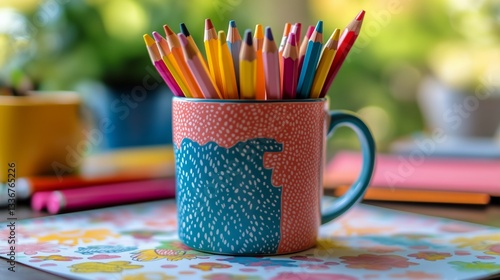 Colorful Pencils in a Bright Mug on a Desk With Creative Supplies and Plants ...