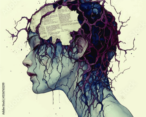 Surreal Vector Art Image of Woman with Exposed Brain and Textured Vines Illustrating Creativity and Thoughtfulness in Artistic Style with Abstract Elements