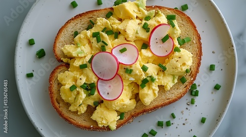 Delicious Open-Faced Sandwich Topped With Creamy Egg Salad, Radishes, and Gre...