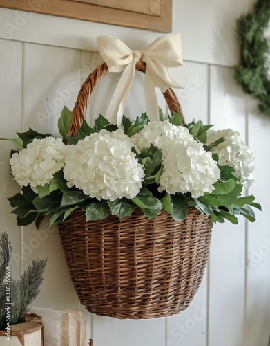 Elegant White Hydrangeas in Woven Basket Adorn Entrance Hall With Greenery at...