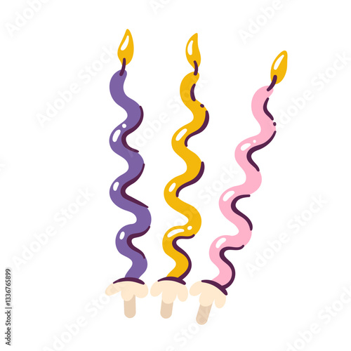 Сandles of spiral shape with fire on wicks. Tall colorful wax candles with flames for birthday cake, pie. Holiday mascot, colorful decoration cartoon vector illustration