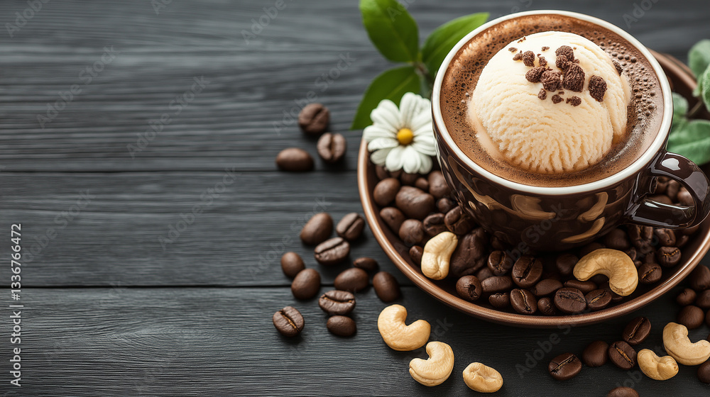 Coffee Bliss: A delightful close-up captures a cup of coffee adorned with ice cream, coffee beans, cashew nuts, and a small white flower, all arranged on a wooden surface Coffee Bliss: A delightful close-up captures a cup of coffee adorned with ice cream, coffee beans, cashew nuts, and a small white flower, all arranged on a wooden surface