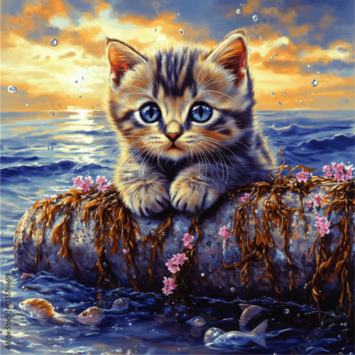 Adorable Kitten on Ocean Rock with Seaweed and Flowers at Sunset - Stunning Vector Art Illustration for Nature Lovers and Cat Enthusiasts - Perfect Wall Art Decor