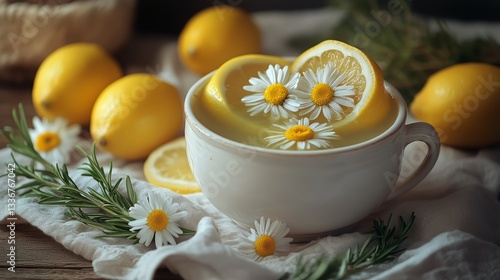 Refreshing Lemon Drink With Sliced Lemons and Fresh Flowers on a Light Fabric...
