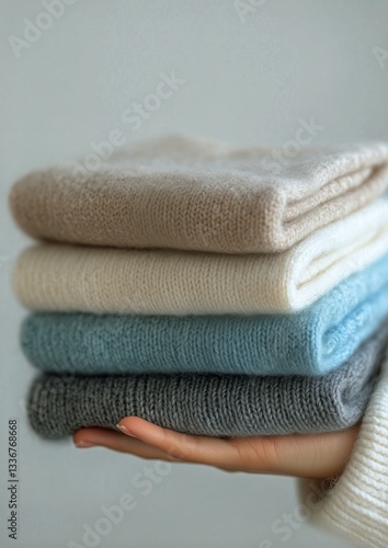 Soft Knitted Sweaters Stacked in a Hand Against a Simple Grey Background
