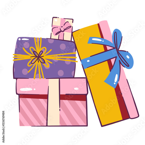 Cartoon gift boxes pile. Surprise present packages group with colorful festive paper wrap and ribbon bow. Birthday party, holiday mascot, gift stack cartoon vector illustration