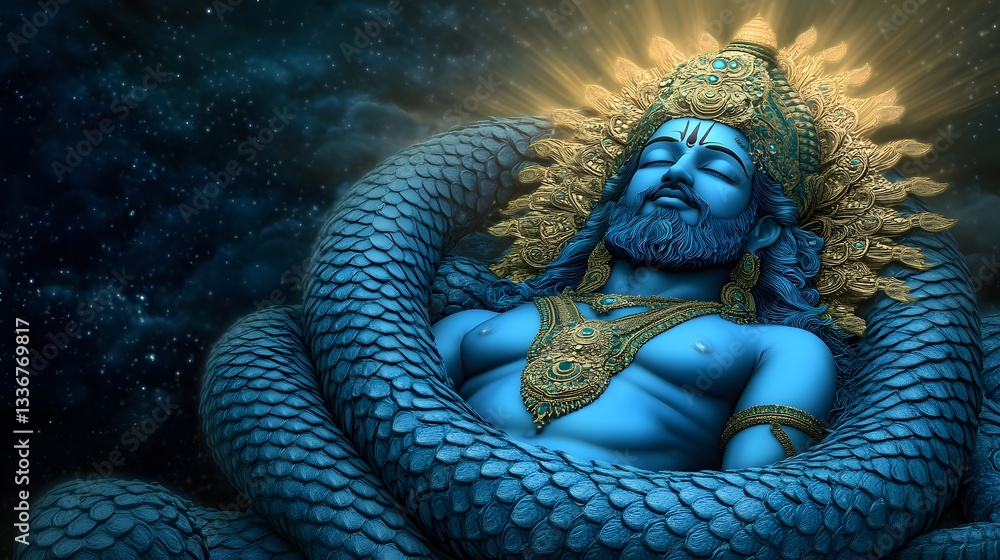 Obraz premium A stunning 3D representation of Lord Vishnu reclining on the cosmic serpent, Ananta, with his blue skin glowing under a divine light.