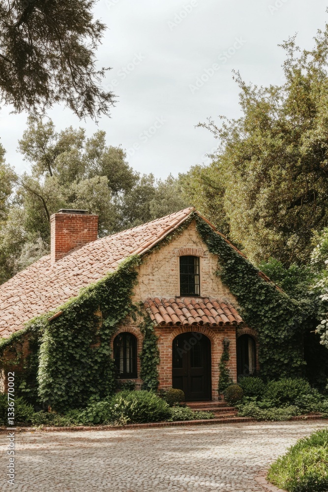 Nestled amid vibrant, lush greenery, this enchanting rustic house offers a peaceful escape in a tranquil natural setting bathed in daylight Nestled amid vibrant, lush greenery, this enchanting rustic house offers a peaceful escape in a tranquil natural setting bathed in daylight