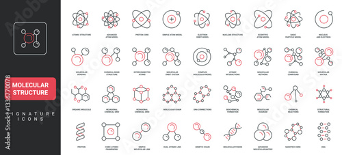 Molecular structure and chain, nucleus and electrons of atom, chemical molecule model line icon set. Science symbol, DNA and protein, vitamin, carbon compound thin black and red vector illustration