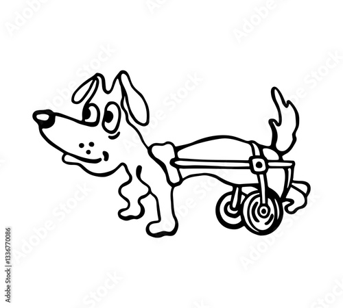 Vector black and white image of a limited mobility dog ​​with a wheelchair on a white isolated background