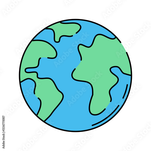 Earth Flat design style, blue and green globe with visible continents, representing our planet, ideal for environmental themes, geography, and space exploration visuals.