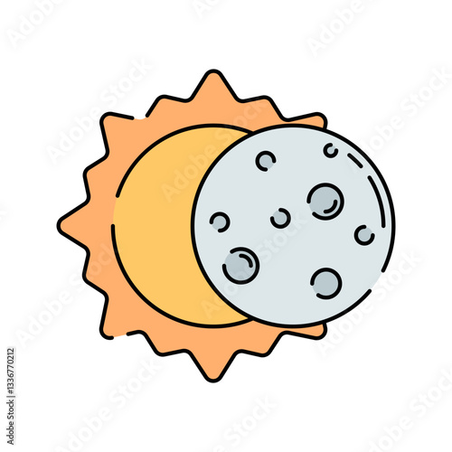 Solar Eclipse Flat design style, sun partially covered by the moon, symbolizing an astronomical phenomenon, perfect for educational designs, cosmic themes, and space science materials.