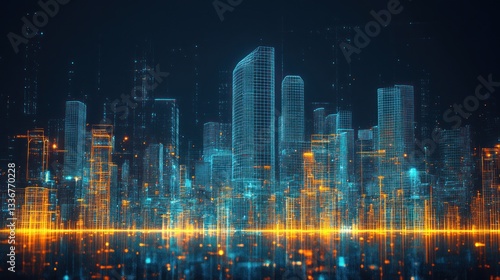 Wallpaper Mural Digital Cityscape: A futuristic metropolis illuminated by vibrant, neon lights reflecting on a dark, still water, creating a mesmerizing and captivating view. Torontodigital.ca