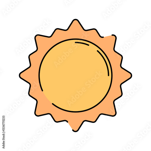 Sun Flat design style, bright yellow sun with wavy edges, representing solar energy, astronomy, and weather visuals, perfect for science education and space-themed graphics.
