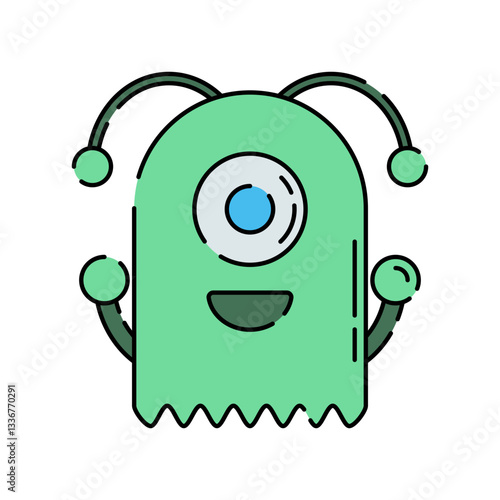 Alien Flat design style, green one-eyed alien with antennas, representing extraterrestrial life, ideal for sci-fi themes, cartoons, and space adventure illustrations.