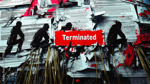 Dynamic Vector Art Illustrating Termination Theme with Silhouetted Figures and Torn Papers Highlighting Employment and Job Loss Concepts with Red and Text Elements