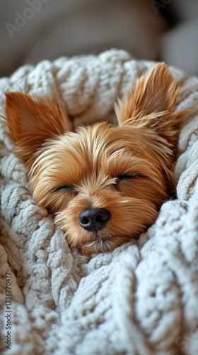 Yorkshire Terrier Relaxes Comfortably Wrapped in a Soft, Textured Blanket on ...