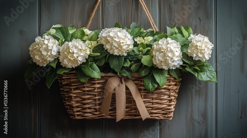 Elegant White Hydrangeas in a Natural Hanging Basket Decoration for Home Inte...