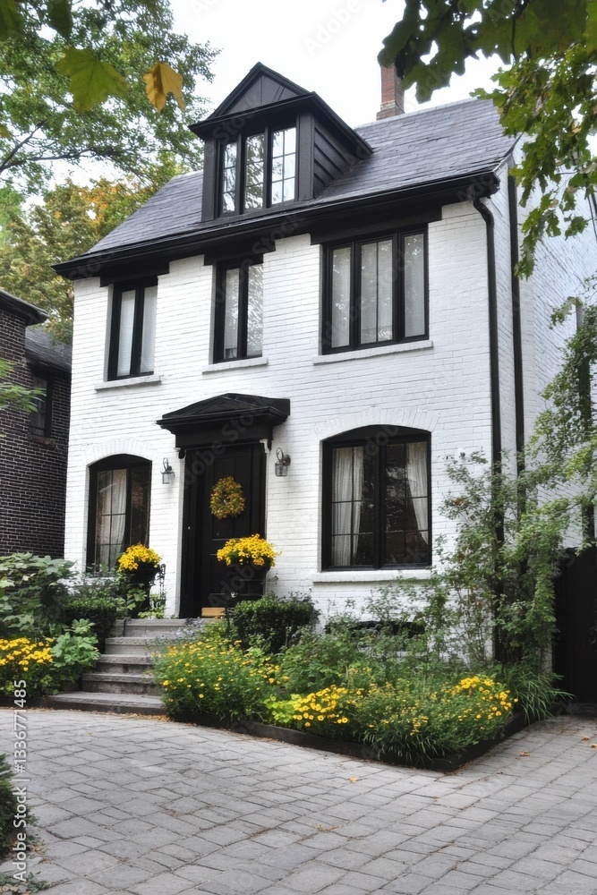 A delightful white house adorned with elegant black trim is nestled among a colorful array of flowers in a peaceful neighborhood, showcasing the beauty of early autumn A delightful white house adorned with elegant black trim is nestled among a colorful array of flowers in a peaceful neighborhood, showcasing the beauty of early autumn