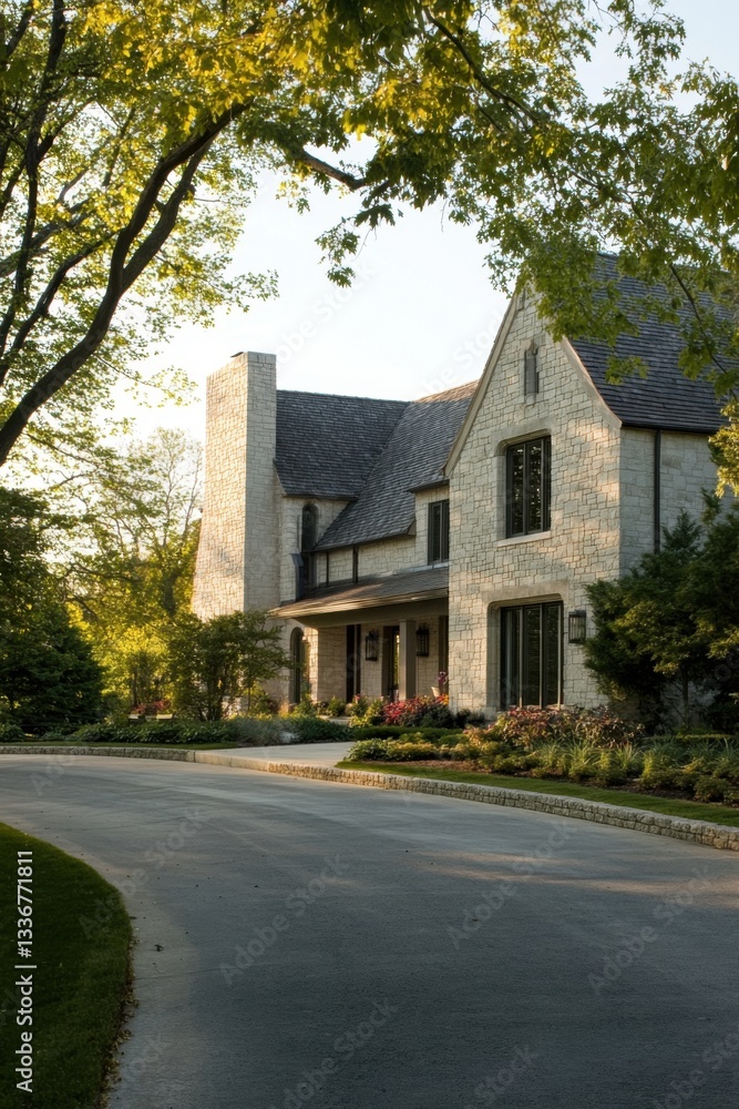 A breathtaking sunset casts a warm glow over a charming stone house, embraced by vibrant greenery and flourishing flowers on a tranquil suburban street A breathtaking sunset casts a warm glow over a charming stone house, embraced by vibrant greenery and flourishing flowers on a tranquil suburban street