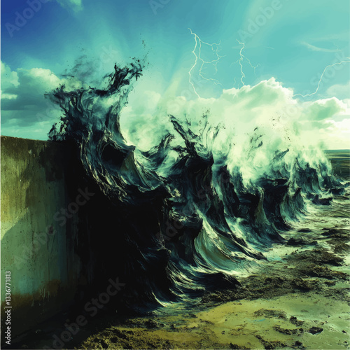 Dramatic Vector Art of Crashing Ocean Waves Against Sea Wall with Stormy Skies and Lightning in Background, Showcasing Nature's Power and Dynamic Motion