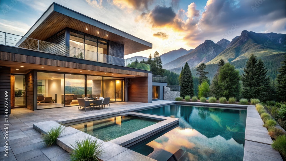 Fototapeta premium Modern luxury home with private pool and hot tub overlooking mountains and forest , modern, mountains
