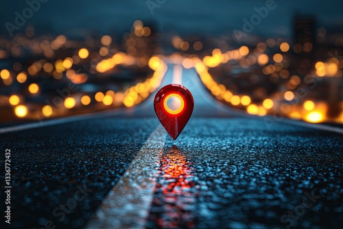A glowing red location pin on a wet city road at night