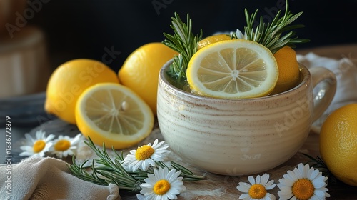 Refreshing Lemon Drink With Sliced Lemons and Fresh Flowers on a Light Fabric...