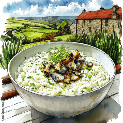 Delectable Seafood Risotto in Bowl Against Rustic Stone Cottage House with Scenic Countryside Landscape in Vibrant Watercolor Style Art Illustration